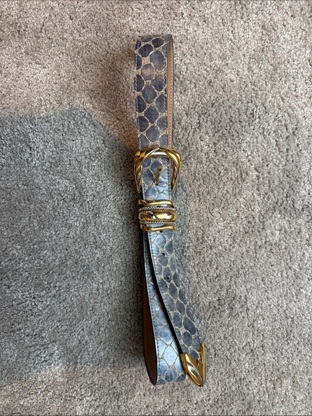Vintage Belts by Simon Genuine Grey Leather snake pattern belt two toned metal